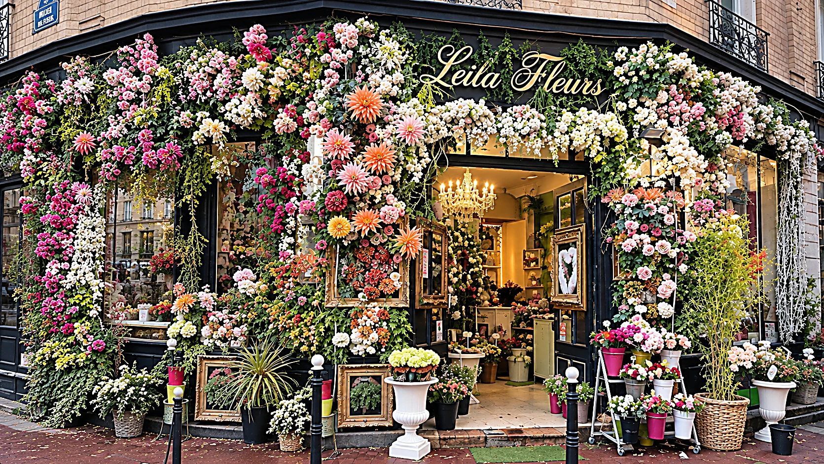 Flower-filled storefront of Leïla Fleurs in Clichy